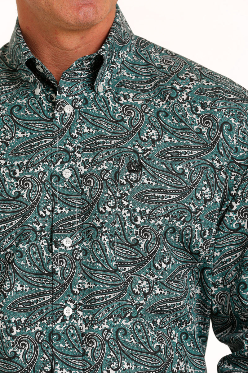 Men's CINCH Grey & Teal Paisley Print Classic Fit Button Up