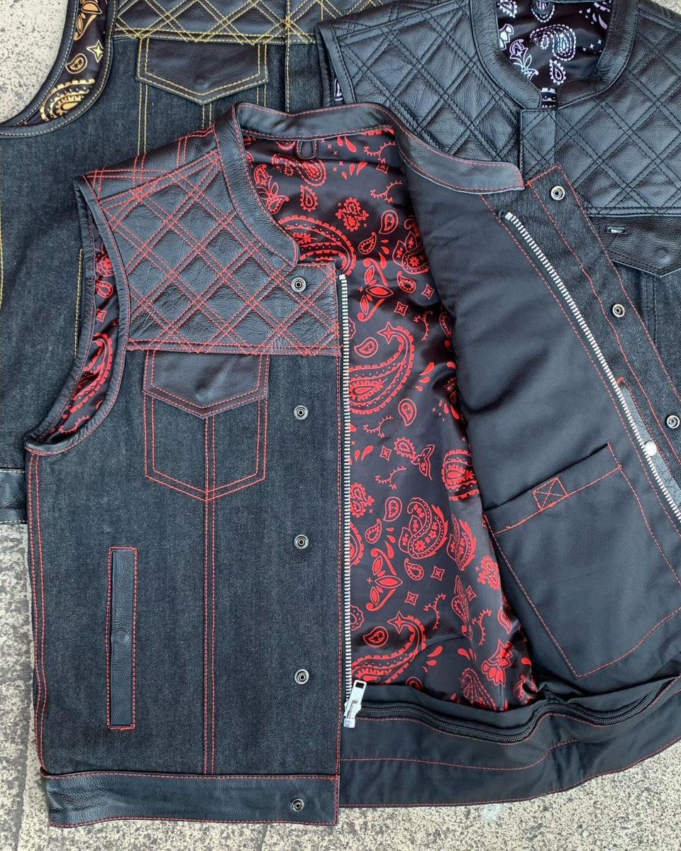'Unik' Men's Paisley Lined Denim-Leather Vest - Black / Red – Trav's