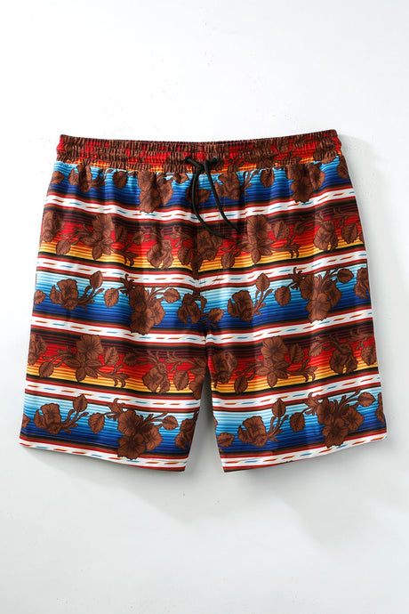'Cinch' Men's Hawaiian Print Swim Trunks - Brown / Red / Blue