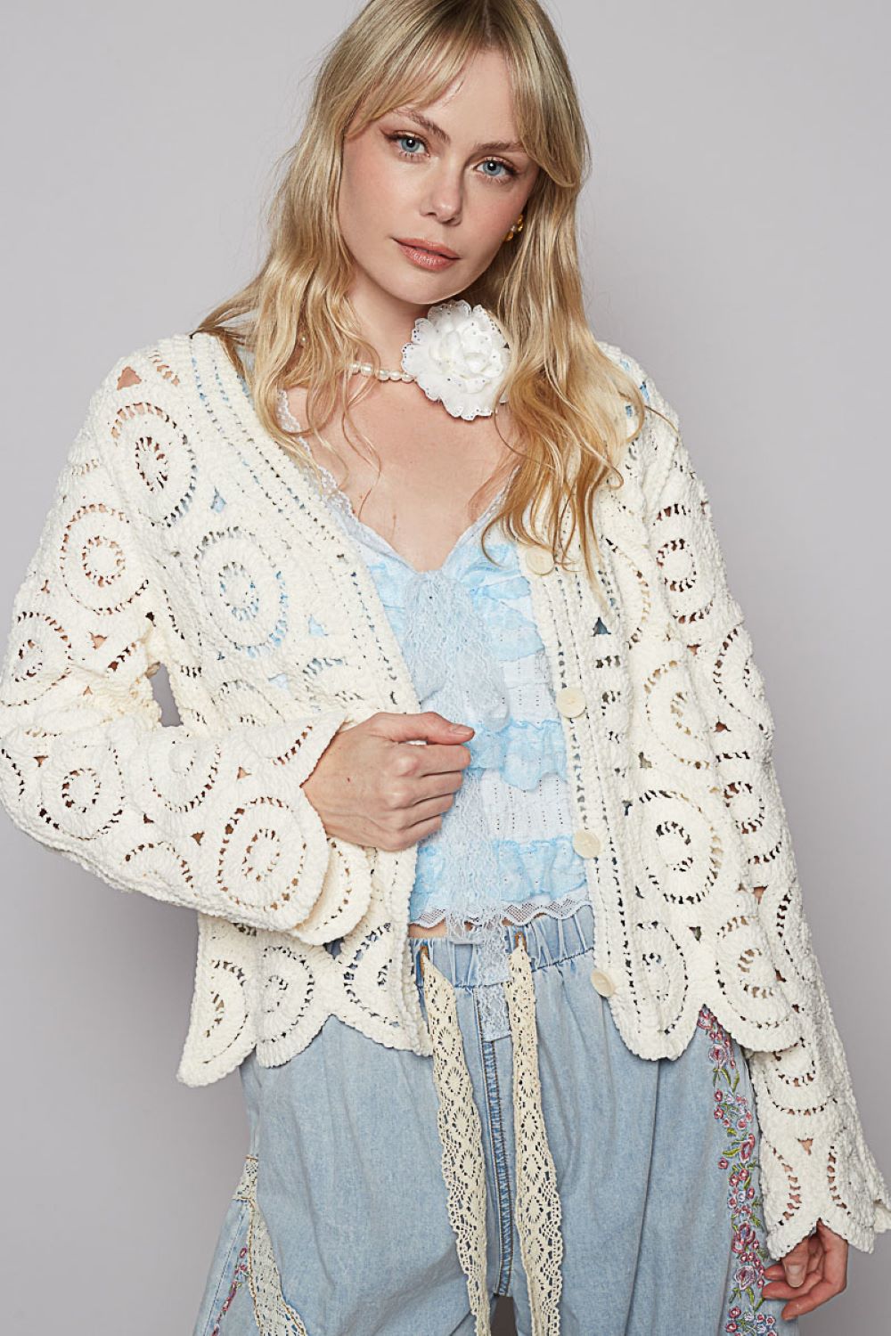 'POL Clothing Inc' Women's Crochet Cardigan - Cream