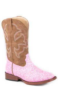 'Roper' Children's Glitter Sparkle Western Square Toe - Pink / Brown