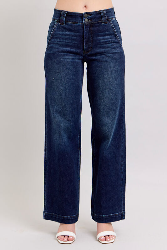 'Judy Blue Jeans' Women's High Waisted Double Button Wide Leg Jeans - Dark Blue