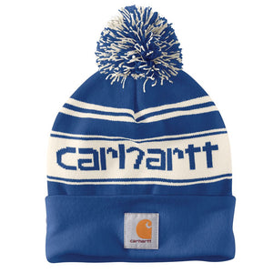 'Carhartt' Adult Knit Pom Pom Cuffed Logo Beanie - Glass Blue