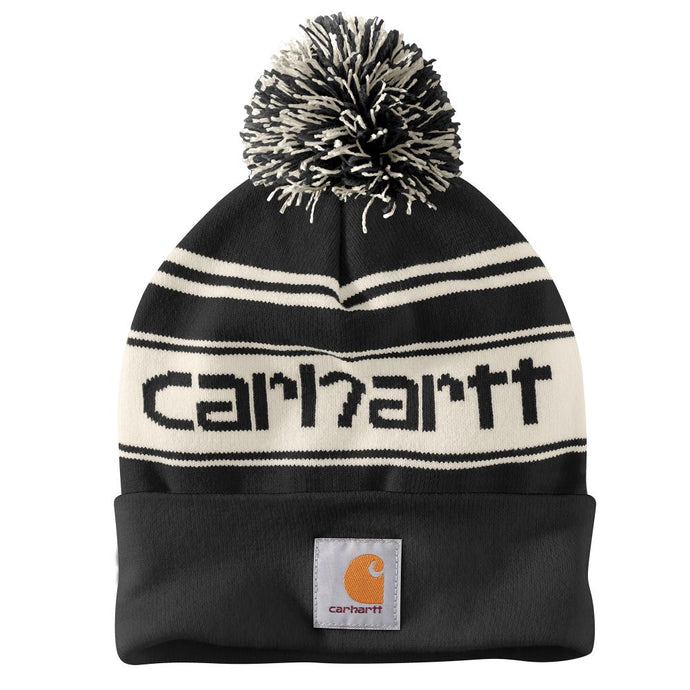 'Carhartt' Adult Knit Pom Pom Cuffed Logo Beanie - Black / Winter White