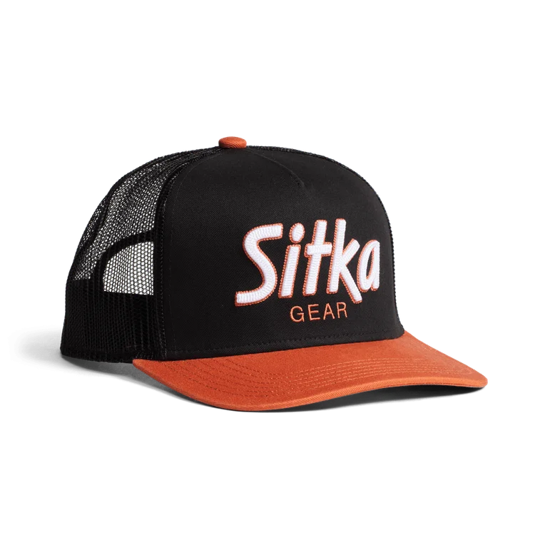 'Sitka' Men's 90s Script Hi Pro Trucker Cap - Black / Orange