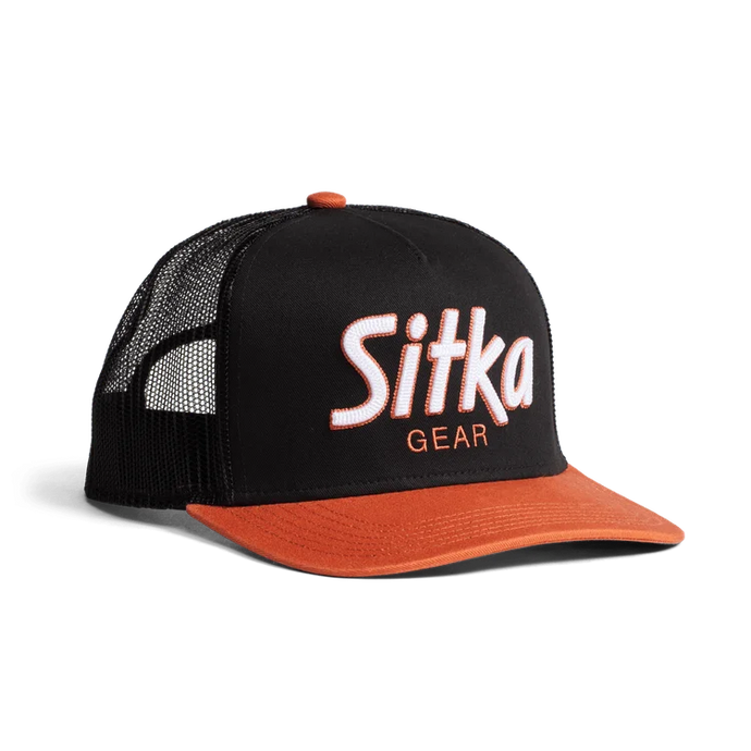'Sitka' Men's 90s Script Hi Pro Trucker Cap - Black / Orange