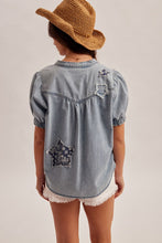 'Hem&Thread' Women's Denim Short Sleeve Blouse - Light Denim Blue