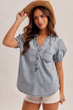 'Hem&Thread' Women's Denim Short Sleeve Blouse - Light Denim Blue