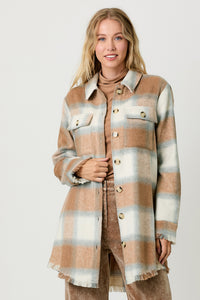 "Kostal Konnection" Fringe Long Plaid Jacket - Latte