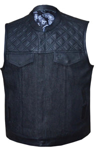 'Unik' Men's Paisley Lined Denim-Leather Vest - Black