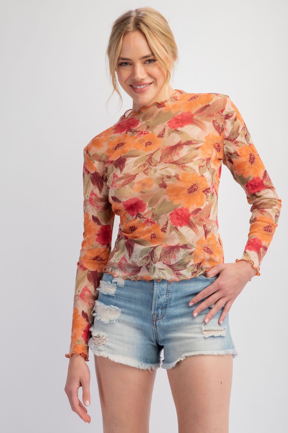 Easel' Women's Floral Printed Mesh Top - Khaki / Olive (Plus Size