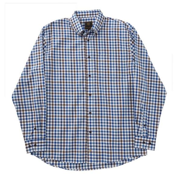 'FX Fusion' Men's Wrinkle Free Twill Checkered Long Sleeve - Brown / Blue