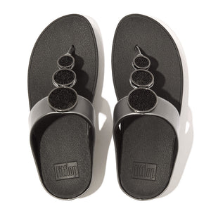 'FitFlop' Women's Halo Bead-Circle Leather Toe-Post Sandal - Pewter / Black