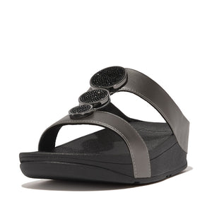 'FitFlop' Women's Halo Bead-Circle Leather H-Bar Slide Sandal - Pewter / Black
