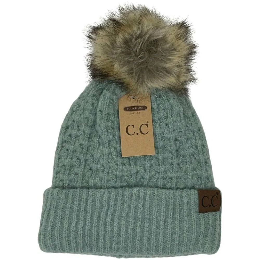 'Cheveux Corp' Women's Smocking Stitch Beanie Pom - Pale Mint