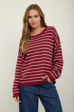 'Blu Pepper' Women's Stripped Drop Shoulder Sweater - Burgundy