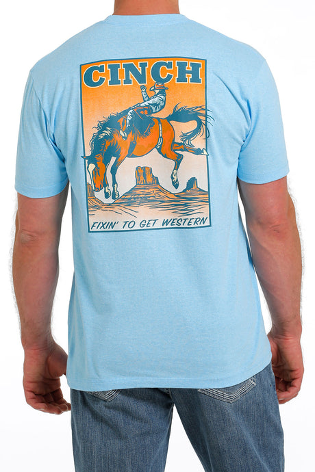 'Cinch' Men's Screen Print T-Shirt - Heather Light Blue