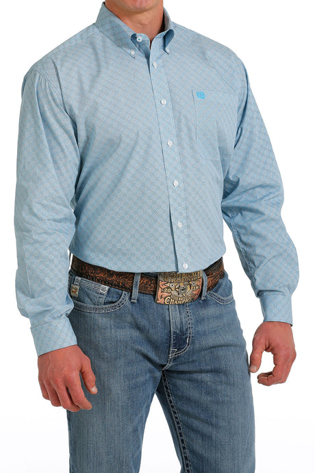 'Cinch' Men's Geo Print Classic Fit Button Down - White / Turquoise