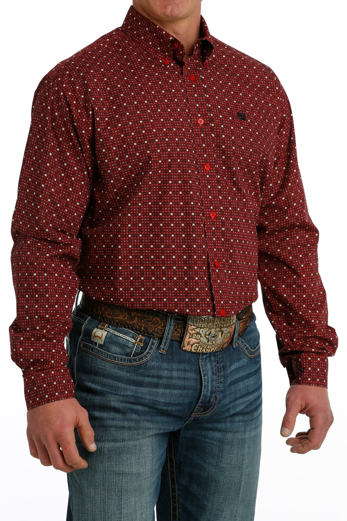 'Cinch' Men's Geo Print Classic Fit Button Down - Red