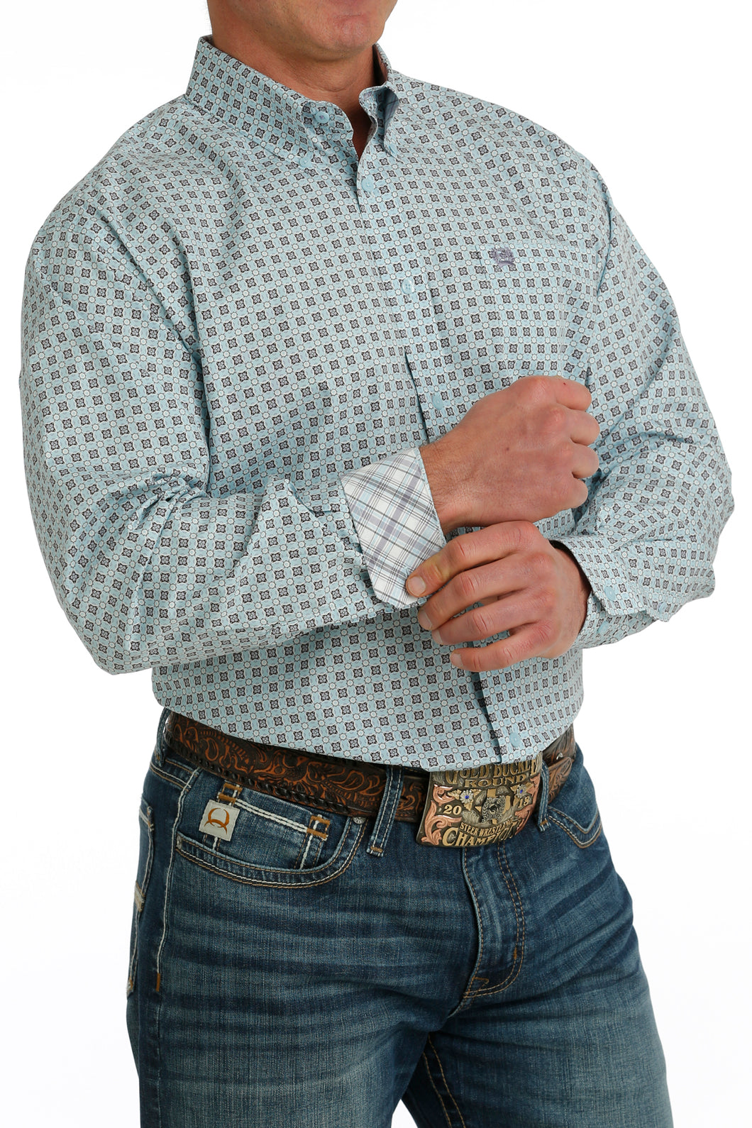 'Cinch' Men's Geo Print Classic Fit Button Down - Light Blue