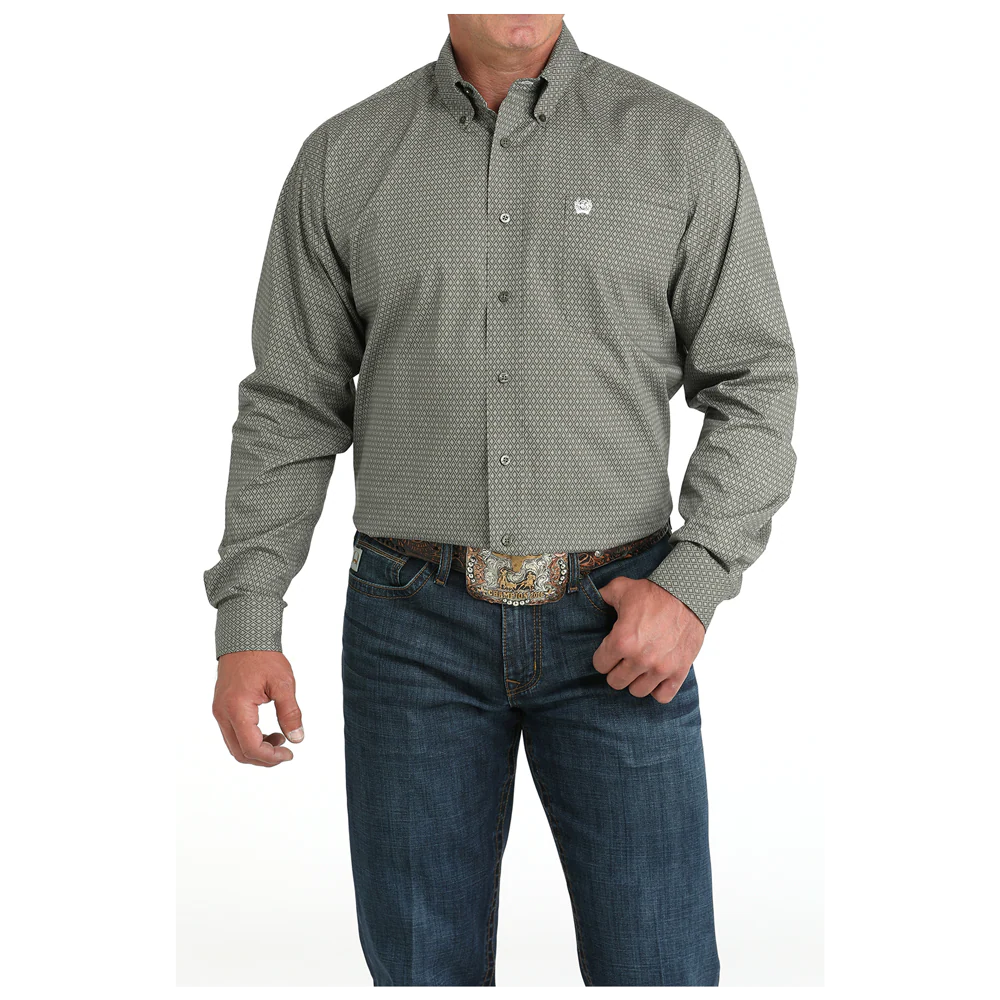 'Cinch' Men's Printed Long Sleeve Button Down Shirt - Olive