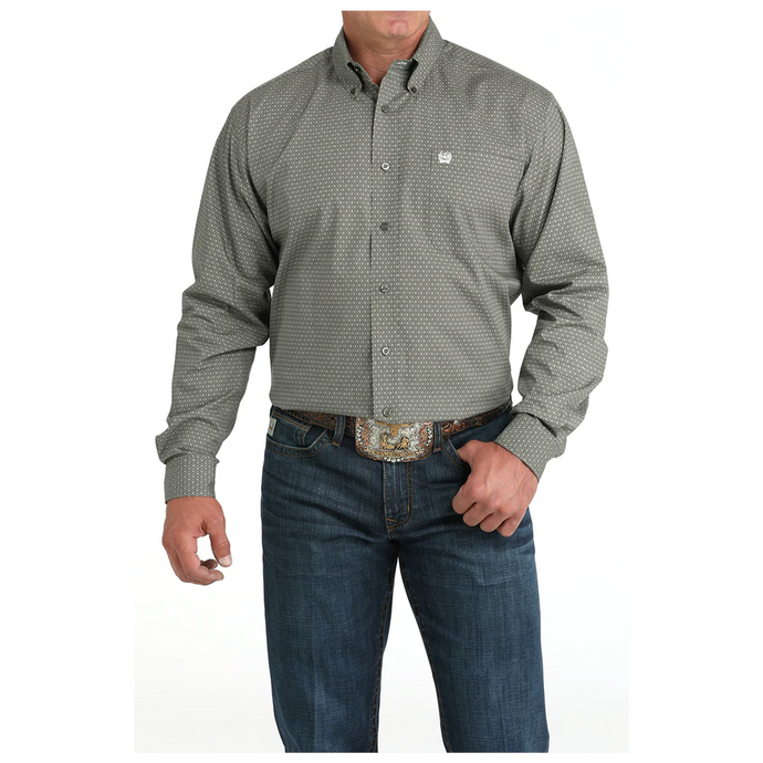 'Cinch' Men's Printed Long Sleeve Button Down Shirt - Olive