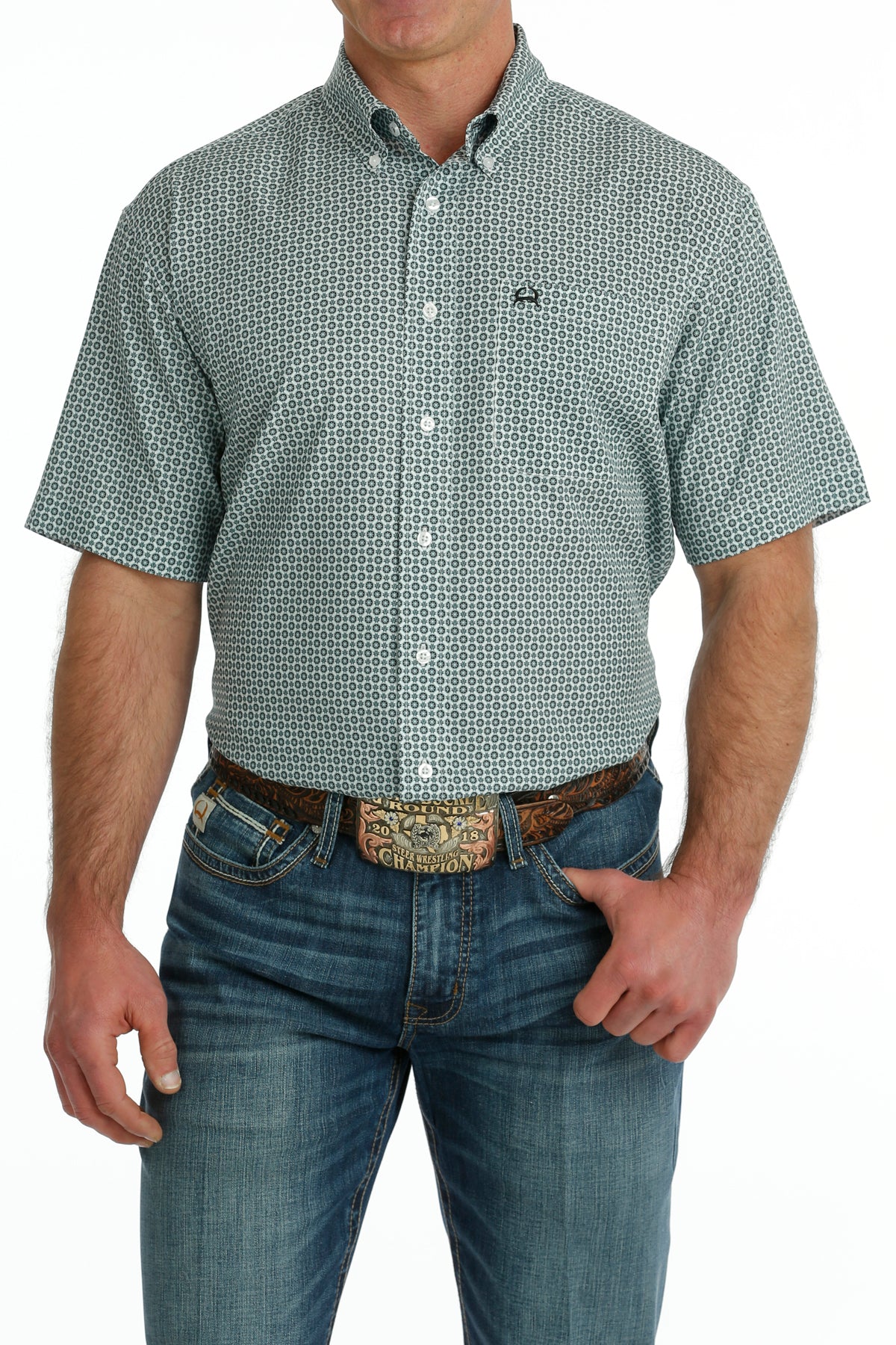 'Cinch' Men's Geo Print Arenaflex Button Down - White / Mint