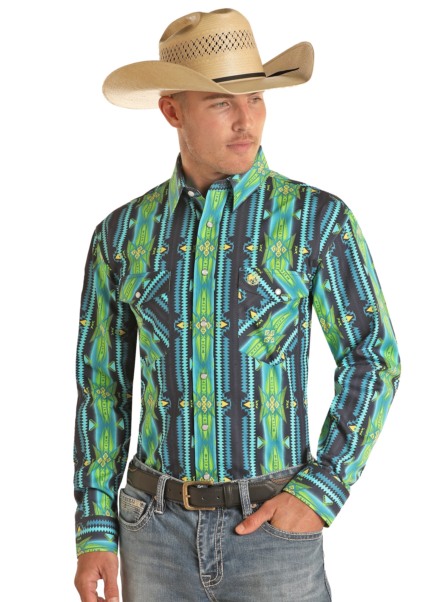 'Panhandle' Men's Aztec Western Snap Front - Bright Turquoise