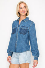 'Risen' Women's Balloon Long Sleeve Shirt - Medium Wash