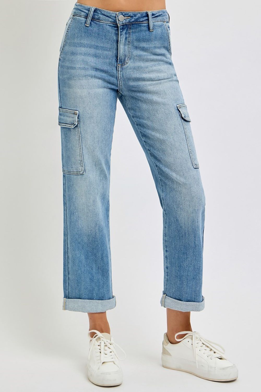 'Risen' Women's High Rise Crop Straight Cargo Jeans - Light Blue (Plus Size)