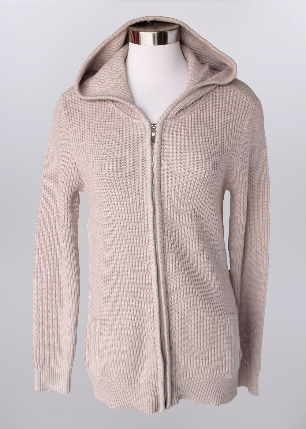 'Keren Hart' Women's Full Zip Knit Hooded Sweater - Khaki