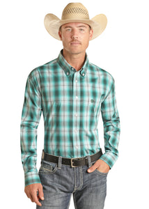 'Panhandle-Rock & Roll' Men's Western Plaid Button Down - Teal