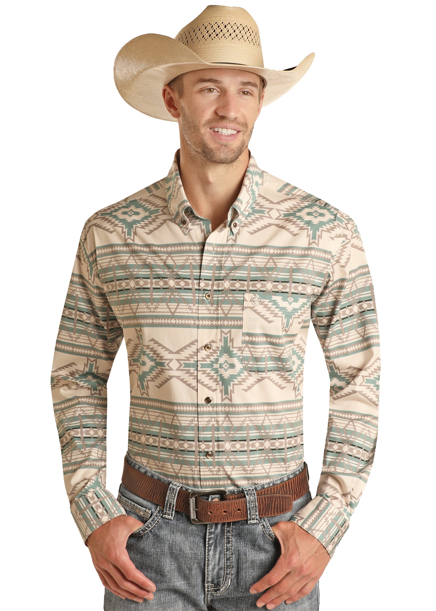 'Panhandle-Rock & Roll' Men's Aztec Western Woven Button Down - Teal