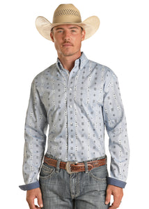 'Panhandle-Rough Stock' Men's Western Chambray Aztec Print Button Down - Blue