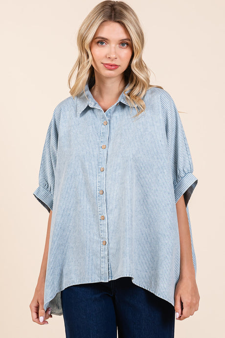 'Mittoshop' Women's Striped Chambray Blouse - Powder Blue