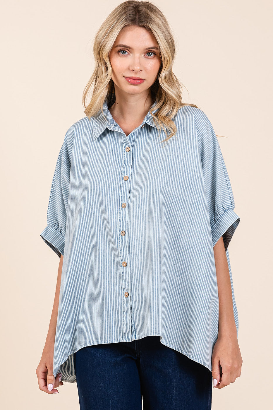 'Mittoshop' Women's Striped Chambray Blouse - Powder Blue