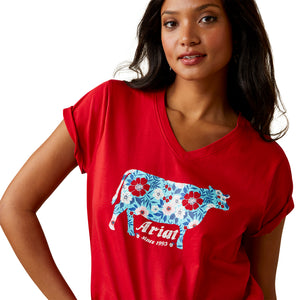 'Ariat' Women's Flower Cow T-Shirt - Equestrian Red