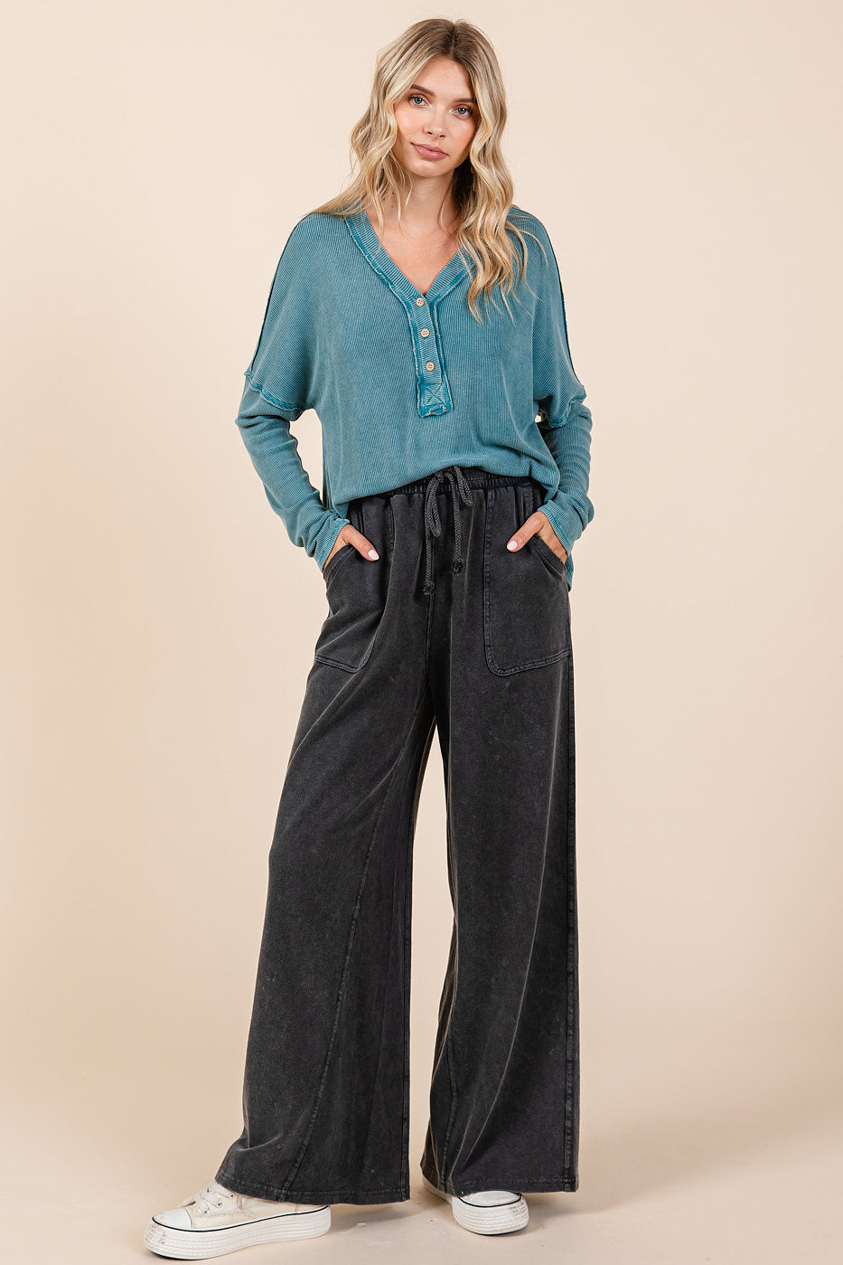 'Mittoshop' Women's Mineral Wash Wide Leg Pants - Ash Black