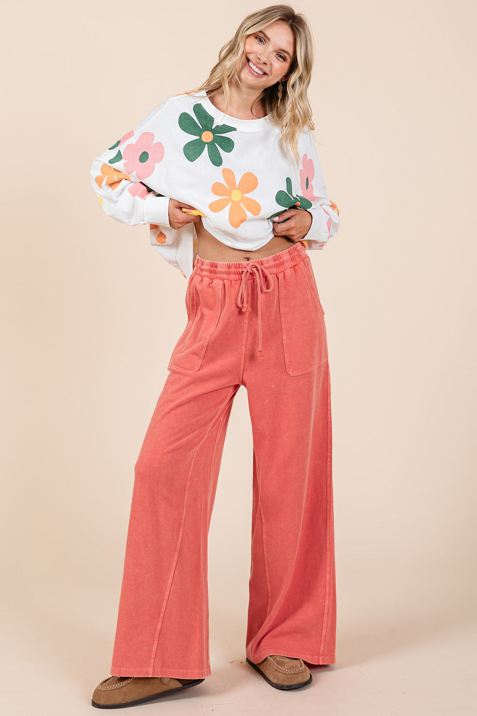 'Mittoshop' Women's Mineral Wash Wide Leg Pants - Fusion Coral