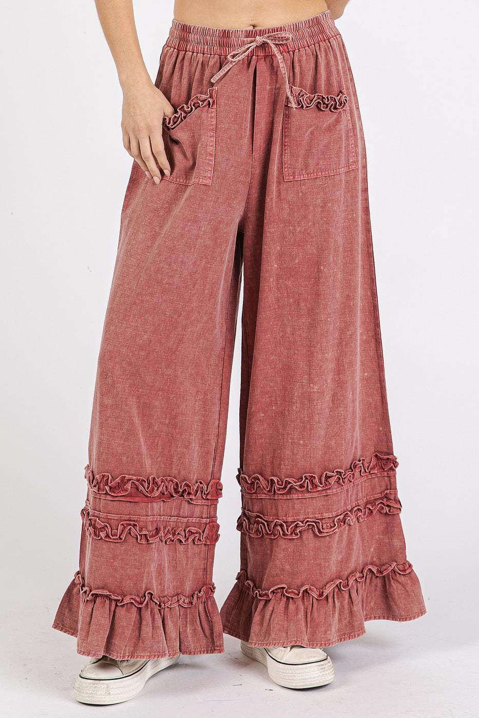 'Mittoshop' Women's Ruffle Trim Wide Leg Pants - Dark Mauve