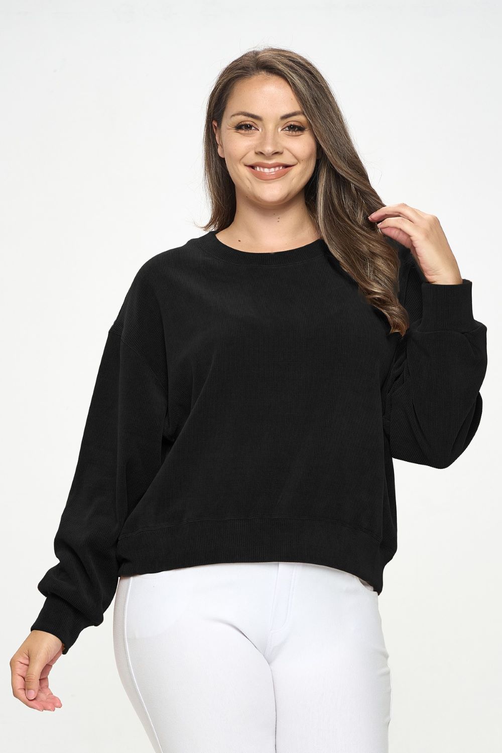 'YELETE' Women's Ribbed Corduroy Long Sleeve Top - Black (Plus Size)