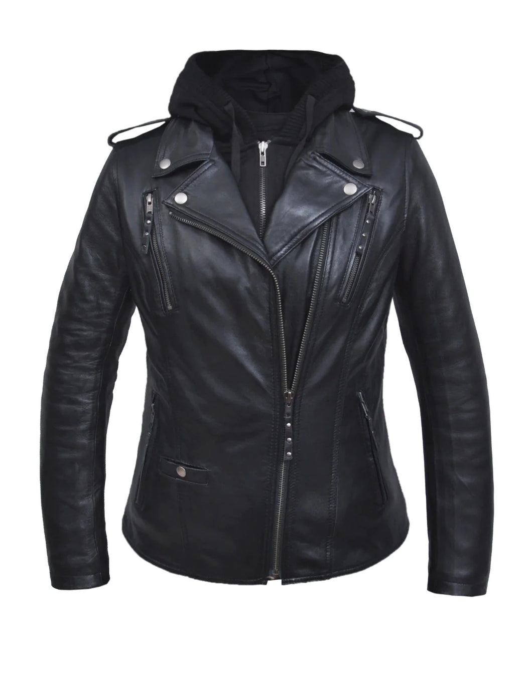 'Unik' Women's 3 in 1 Hoodie Lambskin Leather Jacket - Black