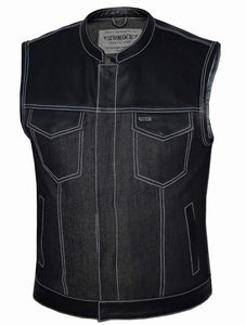 'Unik' Men's Denim/Cowhide Vest - Black