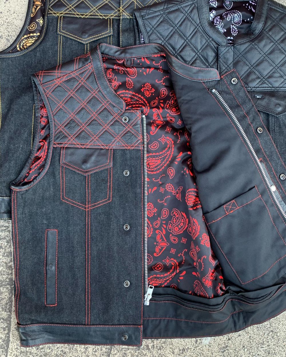 Unik' Men's Paisley Lined Denim-Leather Vest Black Red