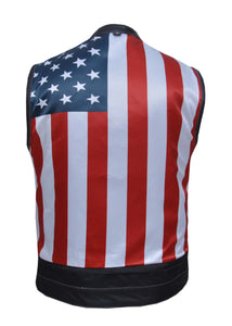 'Unik' Men's USA Flag Lined Leather Vest -Black
