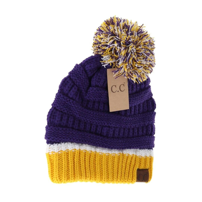 'Cheveux Corp' Women's Team Color Ribbed Beanie Pom - Purple / Gold