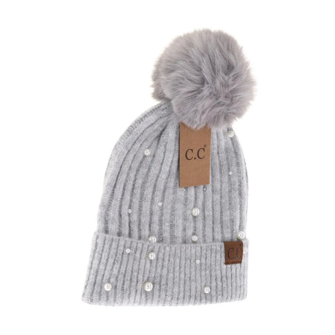 'Cheveux Corp' Women's Pearl Embellish Pom Beanie - Light Grey