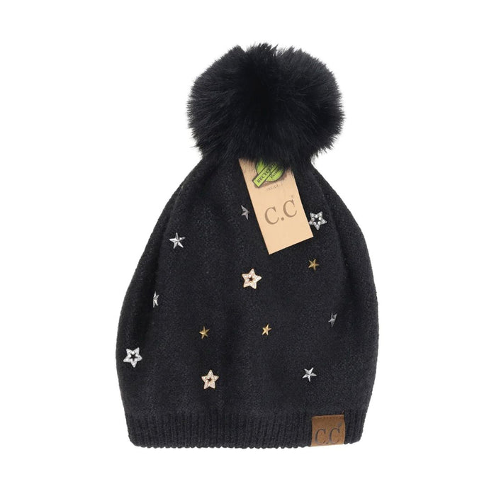 'Cheveux Corp' Women's Star Studded Pom Beanie - Black