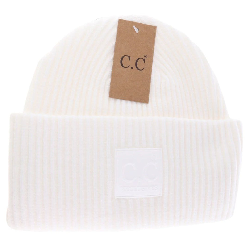 'Cheveux Corp' Women's Solid Ribbed Rubber Patch Beanie - Ivory