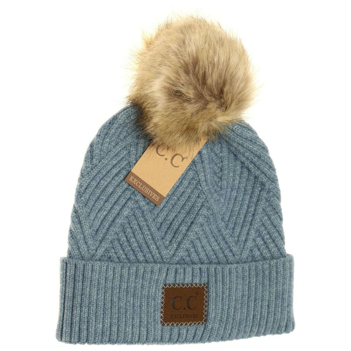 'Cheveux Corp' Women's Diagonal Striped Pom Beanie - Steel Blue